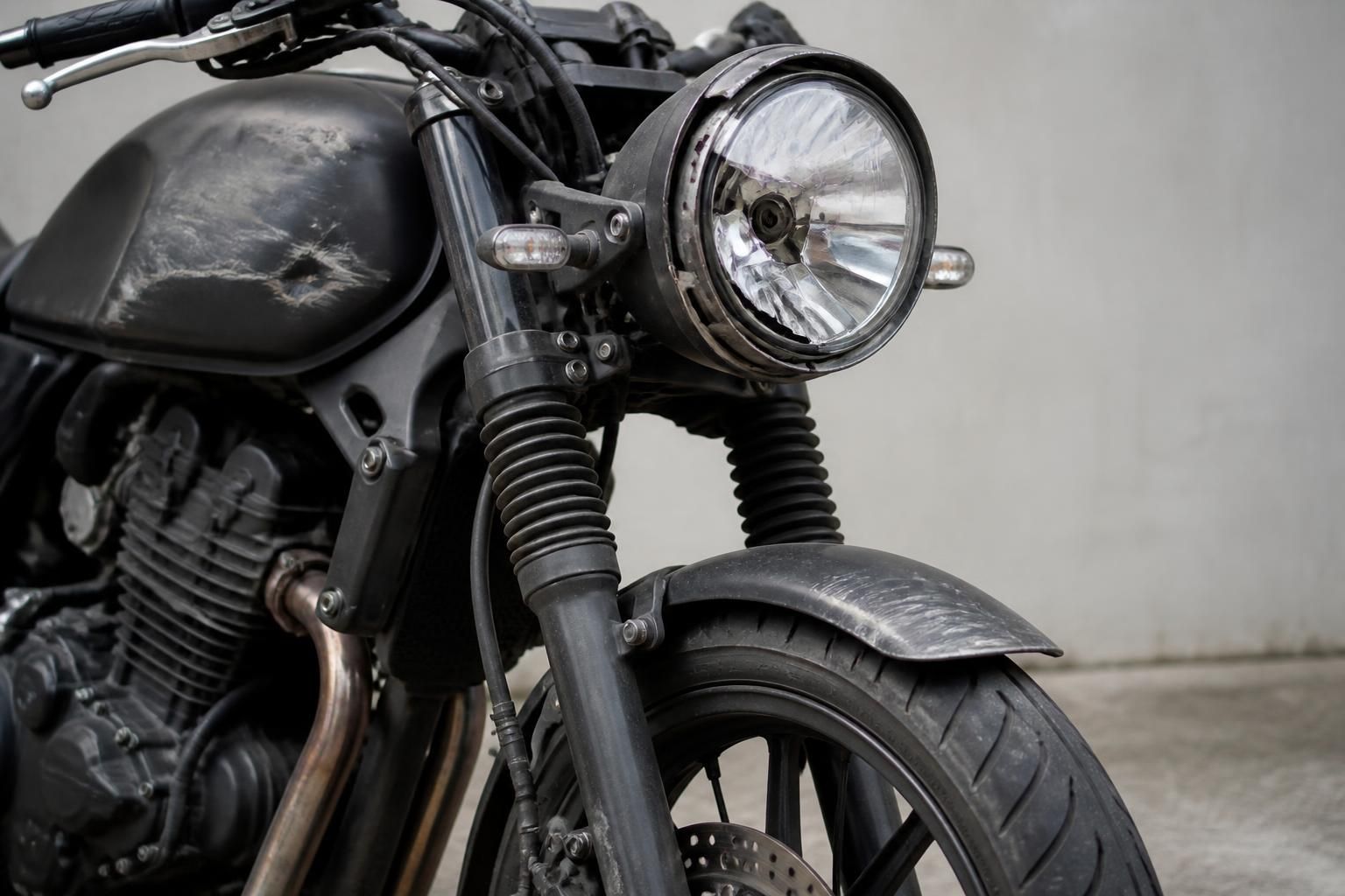 A damaged motorcycle in a clean uncluttered setting.