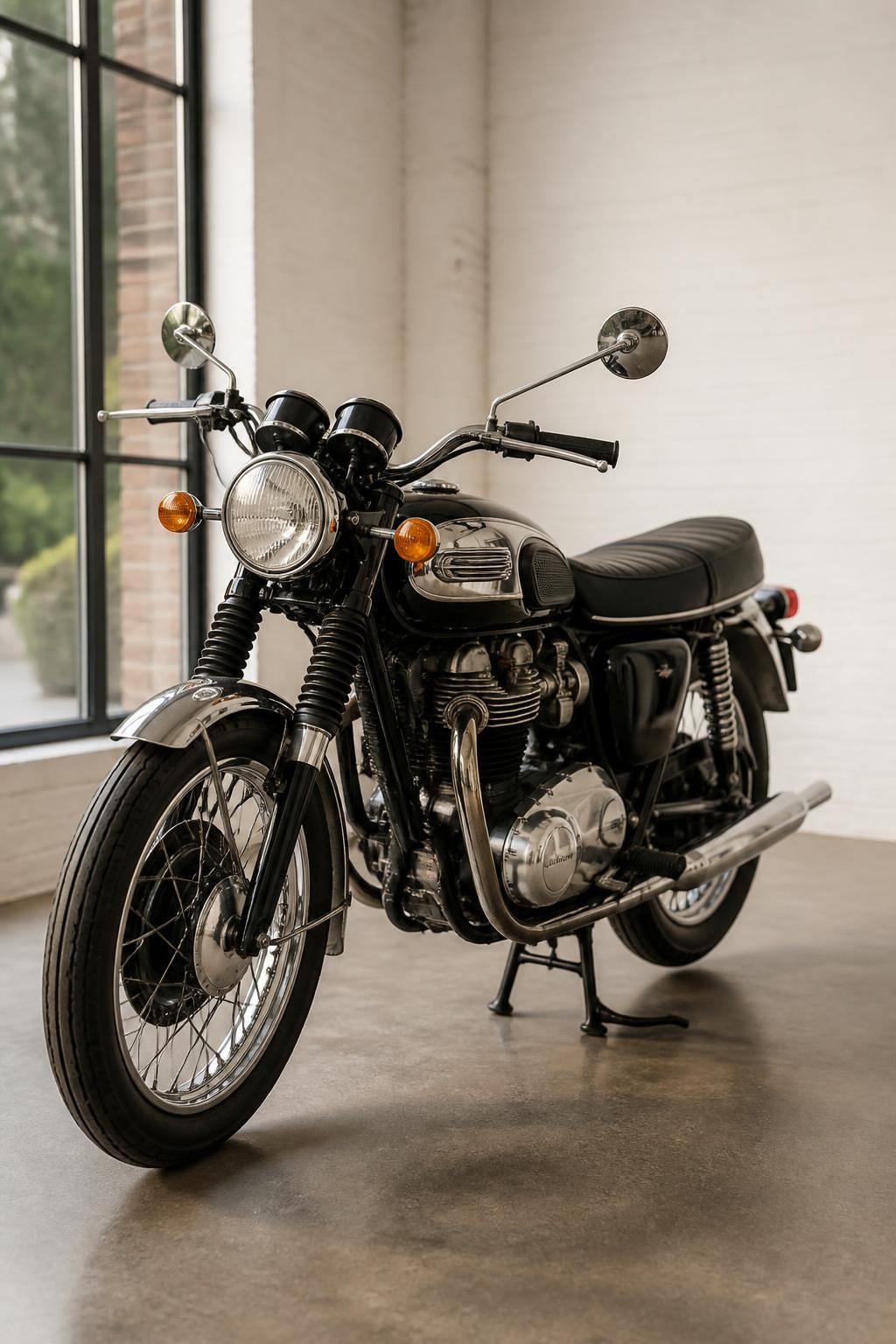 A clean motorcycle in a bright showroom-like appraisal space.
