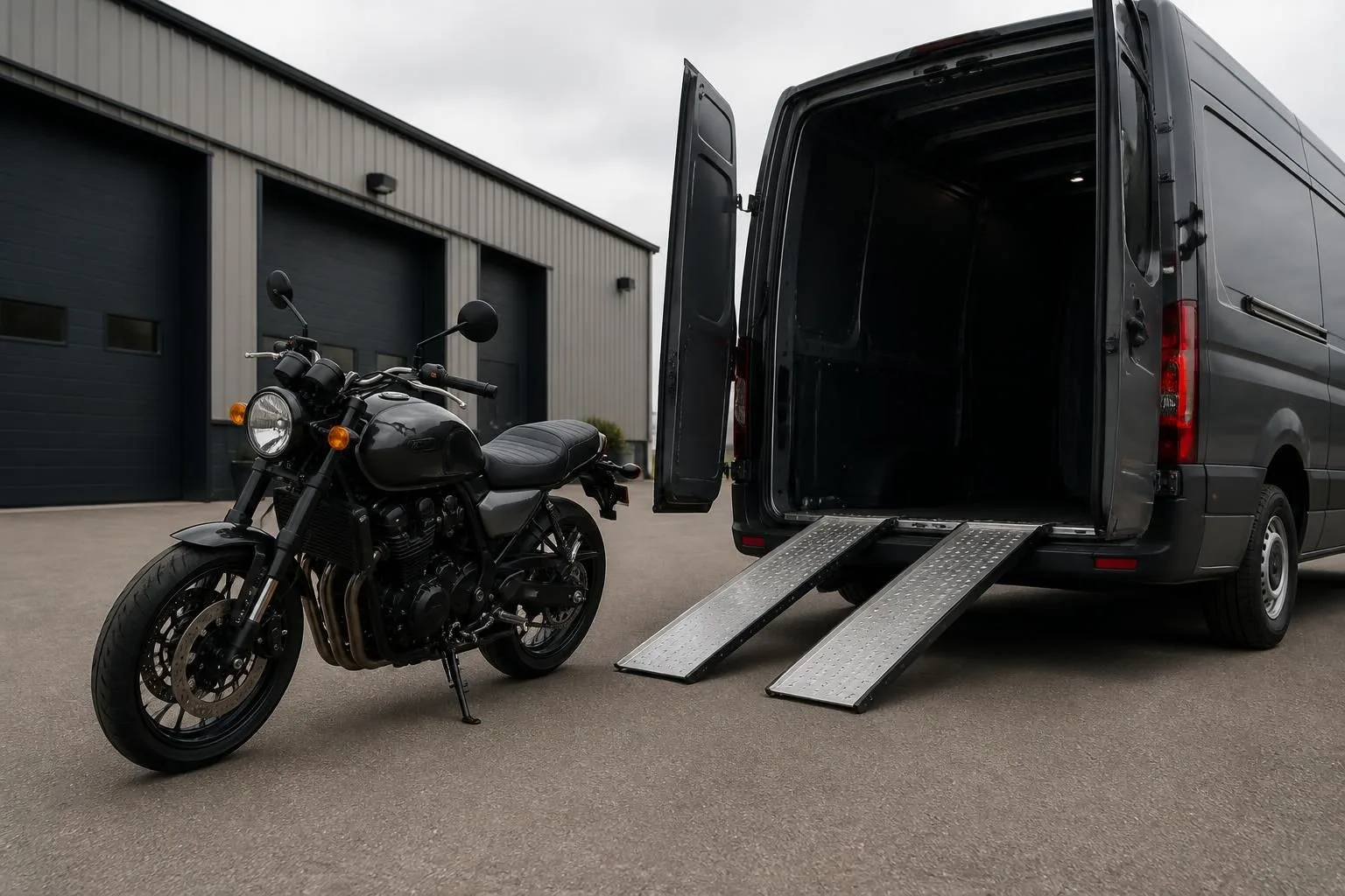 A motorcycle parked beside a clean transport vehicle in natural light.