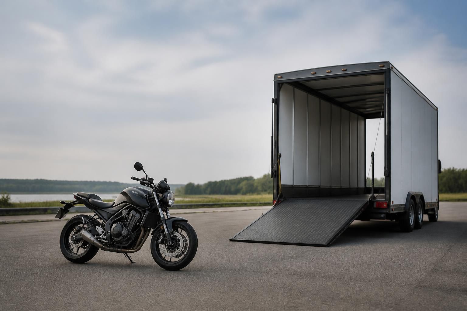 A motorcycle prepared for collection beside a transport truck.