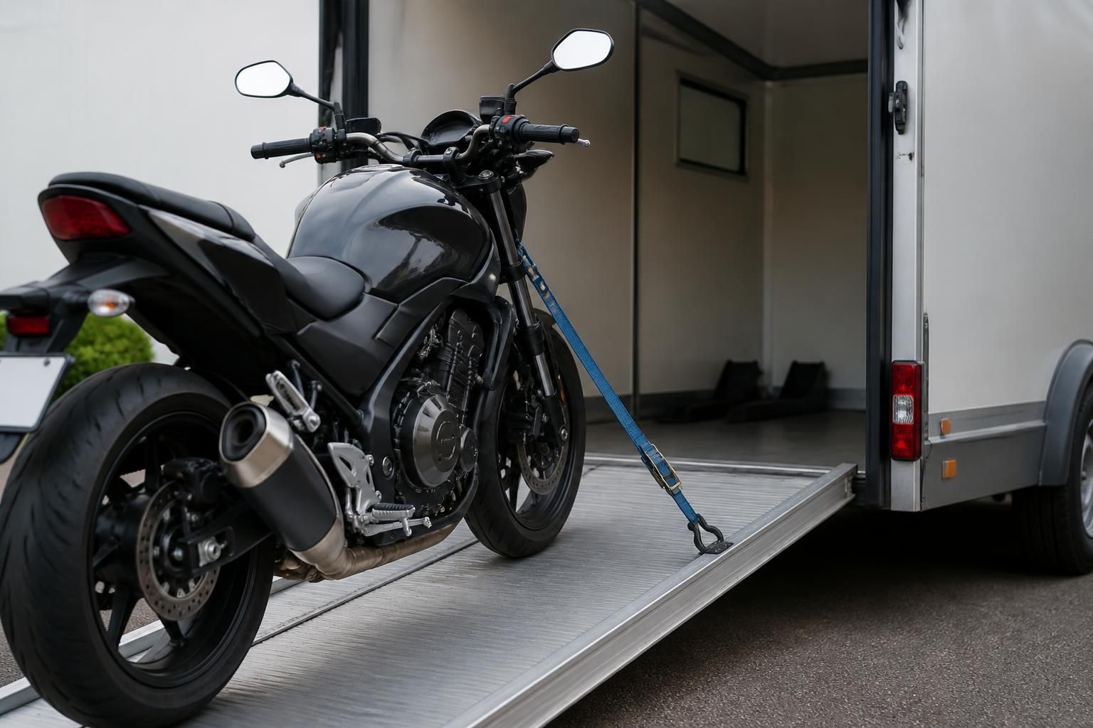 A motorcycle ready beside a clean transport trailer.