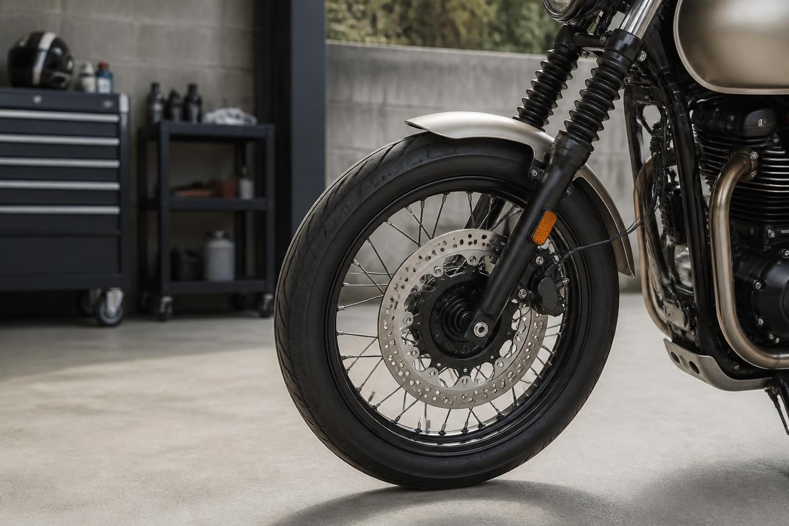 A non-running motorcycle in a clean service yard.