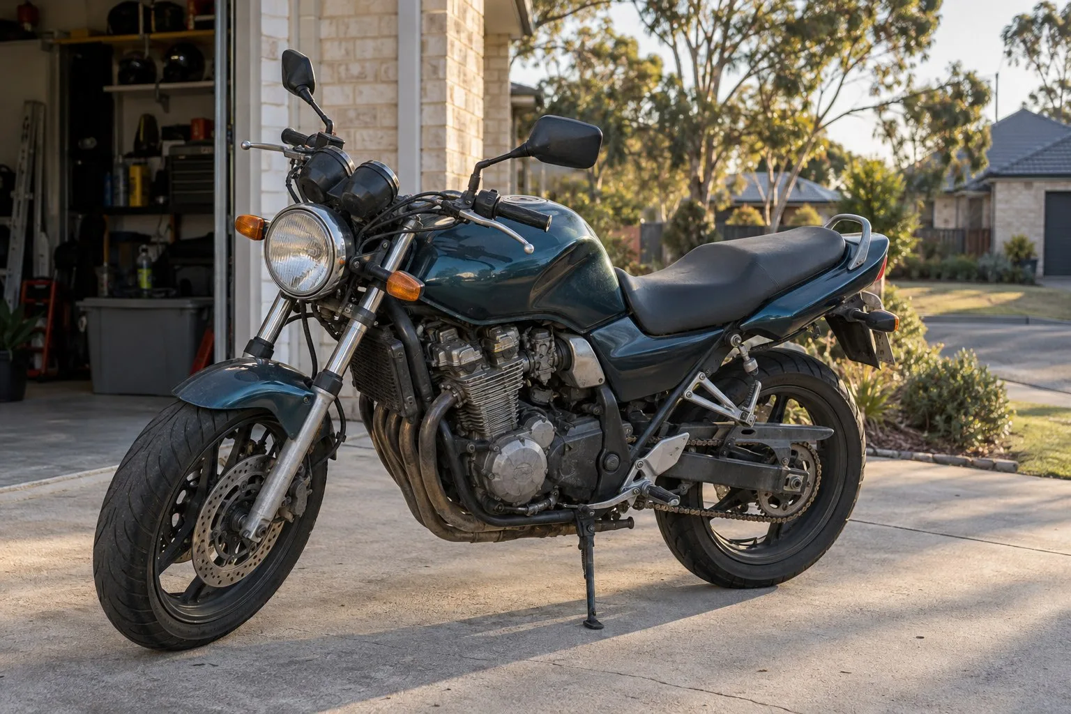Illustrative used road motorcycle parked outside a suburban Australian garage.