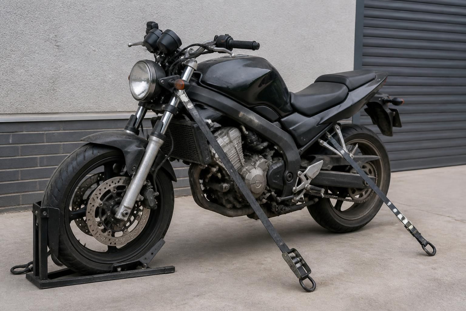 An unwanted motorcycle in a tidy ready-for-removal setting.
